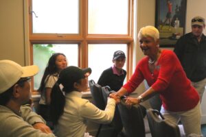 Kathy Greeting the Girls